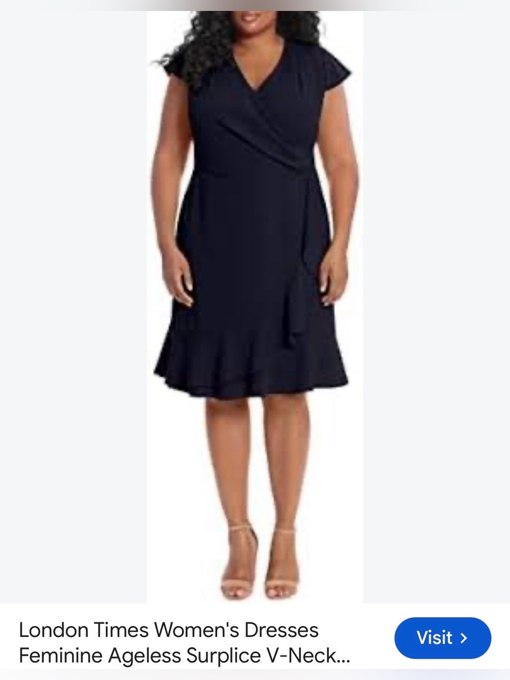 London Times Navy V-Neck Surplice Ruffle Size 16W NWT